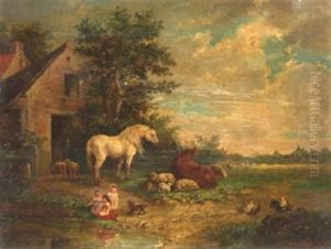 Rustic Scene With Children And A Dog By A Pond, With A Horse, Cow, Chickens And Sheep By Farm Buildings (+ 3 Others; 4 Works) by Frank Albert Philips