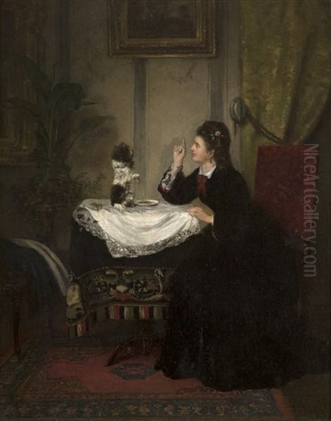 Woman Feeding Her Dog On The Table - view 1