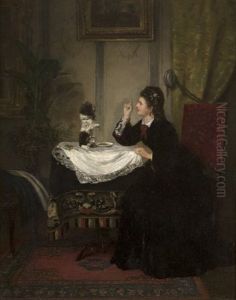 Woman Feeding Her Dog On The Table by Hermann Philips