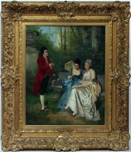 Courting Scene With A Gentleman Handing A Flower To Ladies Seated by Hermann Philips