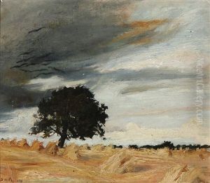 Dark Clouds Over A Harvest Landscape With An Old Oak Tree