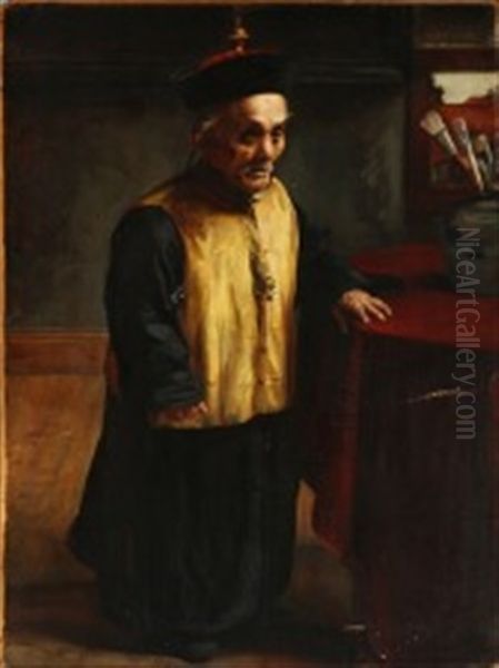 An Elderly Chinese Dwarf In Traditional Dress Standing By A Table - view 1