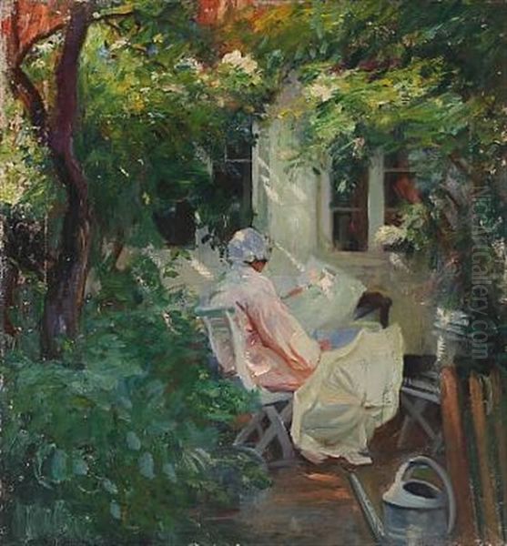 A Young Girl In A Pink Dress With A Parasol In The Garden (in Dragor?) - view 1