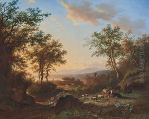 An Extensive Landscape With Cattle, Figures And A Ruin by Willem Bodemann