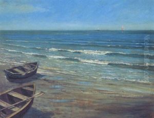 Marine Med Skibe Pa Havet Og Bade Pa Stranden by Sally Nikolai Philipsen