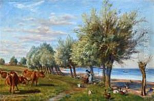 A Girl Is Washing Clothes Under The Willow Trees, Grazing Cows On The Field