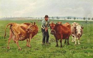 Landskab Med Koer. En Rogter Flytter Tre Koer Pa En Mark Ved Vester Egede by Theodor Esbern Philipsen