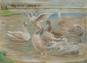 Geese And Cows At The Watering Place by Theodor Esbern Philipsen