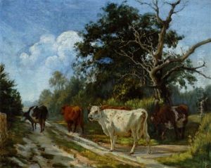 Fire Koer Pa En Skovvej by Theodor Esbern Philipsen