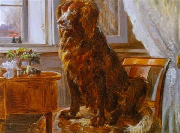 Interior Med Kunstnerens Hund Siddende Pa En Stol Ved Et Vindue - view 1