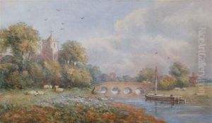 River Landscape With Figure Fishing By A Bridge Overlooked By Church Spire And Sheep Grazing On The Banks by Samuel Standige Boden