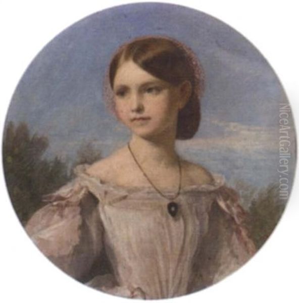 Portrait Of Miss Florence Penison In White Dress With Pink Ribbon Sleeves And Diamond Pendant - view 1