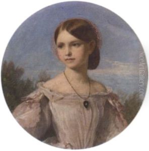 Portrait Of Miss Florence Penison In White Dress With Pink Ribbon Sleeves And Diamond Pendant