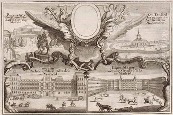 4 Kupferstich-ansichten Von Madrid Auf Einem Blatt Mit Allegorie: Buonretiro - view 1