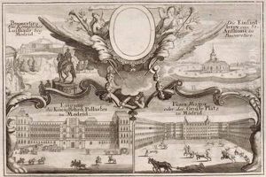 4 Kupferstich-ansichten Von Madrid Auf Einem Blatt Mit Allegorie: Buonretiro by Gabriel Bodenehr