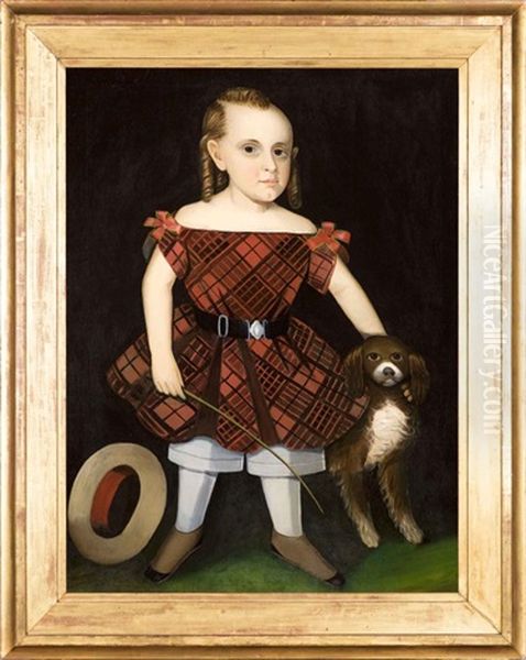Portrait Of A Child In A Plaid Dress With A Dog - view 1