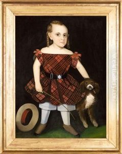 Portrait Of A Child In A Plaid Dress With A Dog