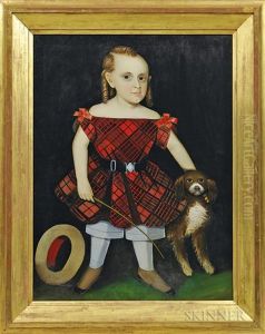 Portrait Of Child In Plaid Dress With A Dog
