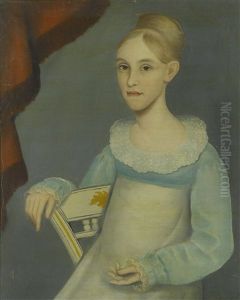 Portrait Of A Young Lady In Blue And White Dress And Sitting On A White-painted Fancy Chair, Said To Be Mary Ann Gale by Ammi Phillips