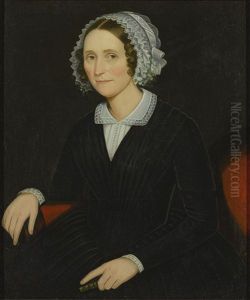 Woman Seated On A Red Sofa, Wearing A Black Dress With White Lace Collar And Holding A Book by Ammi Phillips