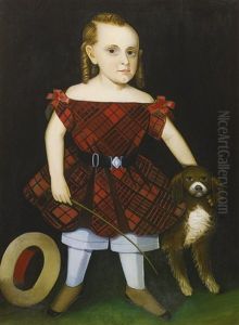 Portrait Of A Young Boy In Plaid With Dog by Ammi Phillips