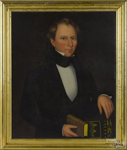 Portraits Of A Husband And Wife, The Gentleman Wearing A Black Jacket And A White Shirt, Holding A Book And Seated At A Painted Hitchcock Chair...(pair) - view 1