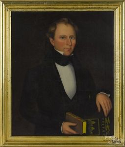 Portraits Of A Husband And Wife, The Gentleman Wearing A Black Jacket And A White Shirt, Holding A Book And Seated At A Painted Hitchcock Chair...(pair) by Ammi Phillips