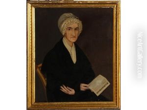 Portrait Of A Woman In White Bonnet Holding A Copy Of "the Gospel Herald" by Ammi Phillips