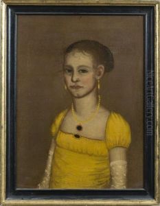 Jerusha Rogers Washburn In A Yellow Gown And Long Lace Sprigged Gloves by Ammi Phillips