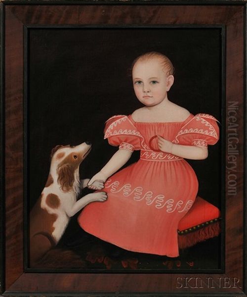Portrait Of A Child In A Pink Dress Seated On A Red Cushion, With A Spaniel - view 1