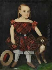 Portrait Of A Boy In A Red Plaid Dress With His Dog And A Riding Crop