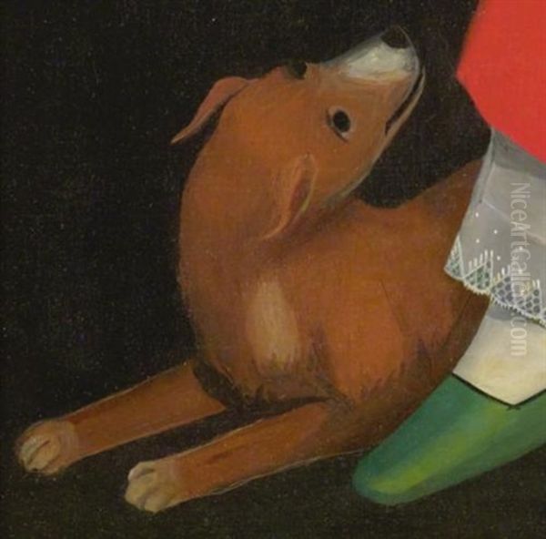 Portrait Of A Winsome Young Girl In Red With Green Slippers, Dog, And Bird - view 1