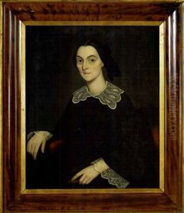 Portrait Of Young Woman With Lacy Collar And Cuffs, Seated In Red Scroll Arm Chair Holding A Book by Ammi Phillips