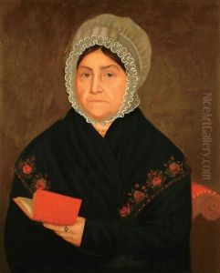 A Woman Holding A Red Book And Wearing A Floral Shawl, (mrs. Engelta Vroman?) by Ammi Phillips