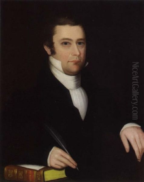 Portrait Of A Dark Haired Gentleman With Pen And Bible - view 1