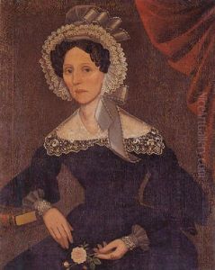Portrait Of A Dark-haired Lady With Ruffled Eyelet Bonnet, Lace Collar And Cuffs Holding A Rose
