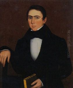 Portrait Of A Seated Young Man Wearing A White Shirt With Wide Black Tie And Black Jacket, Holding A Book