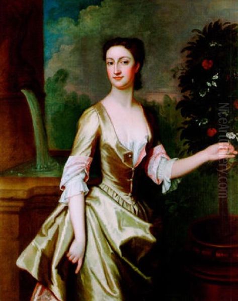 Portrait Of A Lady Standing By A Fountain In A Landscape, Holding A Sprig Of Orange Blossom - view 1