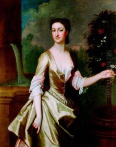 Portrait Of A Lady Standing By A Fountain In A Landscape, Holding A Sprig Of Orange Blossom by Richard Phillips