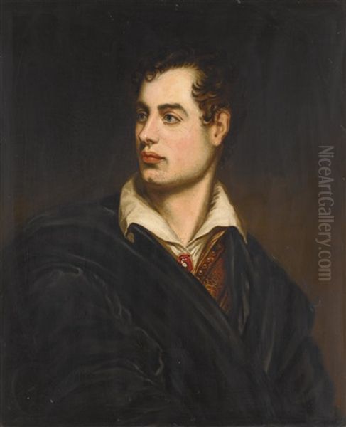 Portrait Of Lord Byron (1788-1824), Bust-length, Wearing A White Shirt Fastened With A Large Red Gem Beneath A Heavy Black Coat - view 1