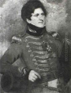 Portrait Of A Staff Officer, Possibly Of An Indian Staff    Corps Standing Half Length, His Right Arm Resting On A by Thomas Phillips