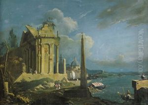 Venezianische Kustenlandschaft Mit Tempelruine Und Obelisk