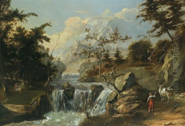Gebirgslandschaft Mit Wasserfallen Und Einer Hirtenszene - view 1