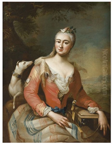 Portrait De Jeune Femme Avec Un Chien Sur Fond De Paysage - view 1