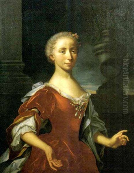 Ritratto Di Dama, A Tre Quarti Di Figura, In Abito Di Veluto Rosso Con Merletti Bianchi E Spilla Pendentif, In Una Loggia - view 1
