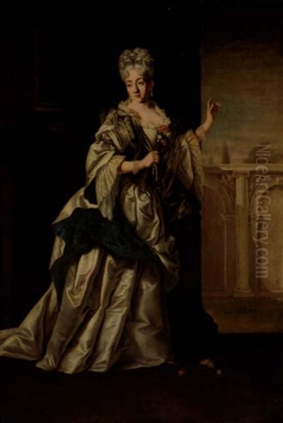 A Portrait Of A Noblewoman, Standing In A Classical Palace And Wearing A White Satin Dress And Pearl Necklace - view 1