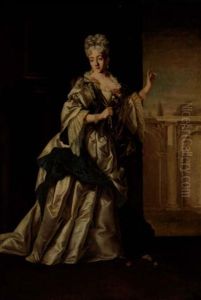 A Portrait Of A Noblewoman, Standing In A Classical Palace And Wearing A White Satin Dress And Pearl Necklace thumbnail