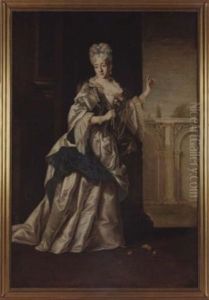 A Portrait Of A Noble Woman Standing In A Classical Palace And Wearing A White Satin Dress And Pearl Necklace