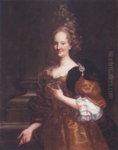 Portrait Of A Lady Wearing A Gold Dress, Standing Before A Column by Giovanni Maria delle, called Mulinaretto Piane