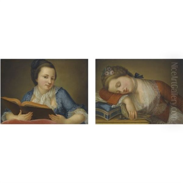 Portrait Of A Young Lady In A Blue Dress Reading A Book (+ Portrait Of A Young Lady In A Red Dress Asleep On Top Of Her Sewing Box; Pair) - view 1